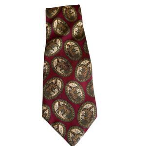 Loewe Silk Neck Tie Mallard Duck Print Maroon Olive Green